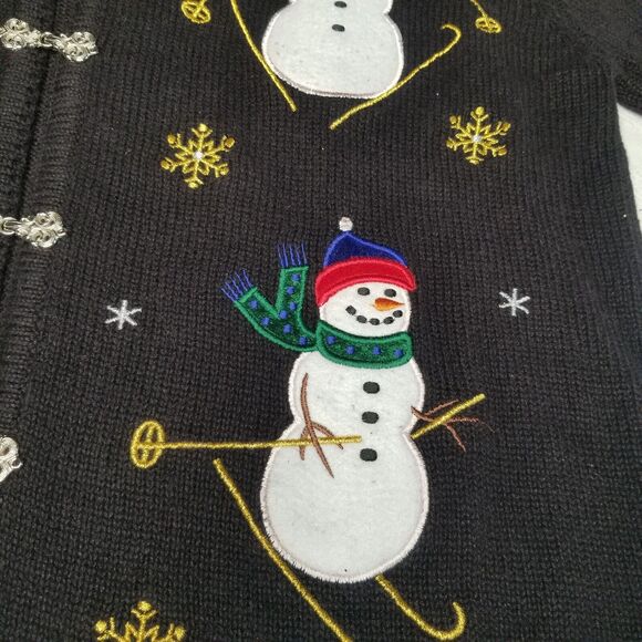 Crystal Kobe Snowman Skiing Ugly Christmas Cardigan Sweater Black Silver Medium - Picture 4 of 11
